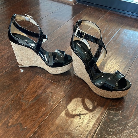 NWT Brand New Jimmy Choo Portia 120 Black Patent Leather Wedges 36 6 Women’s - Picture 12 of 17
